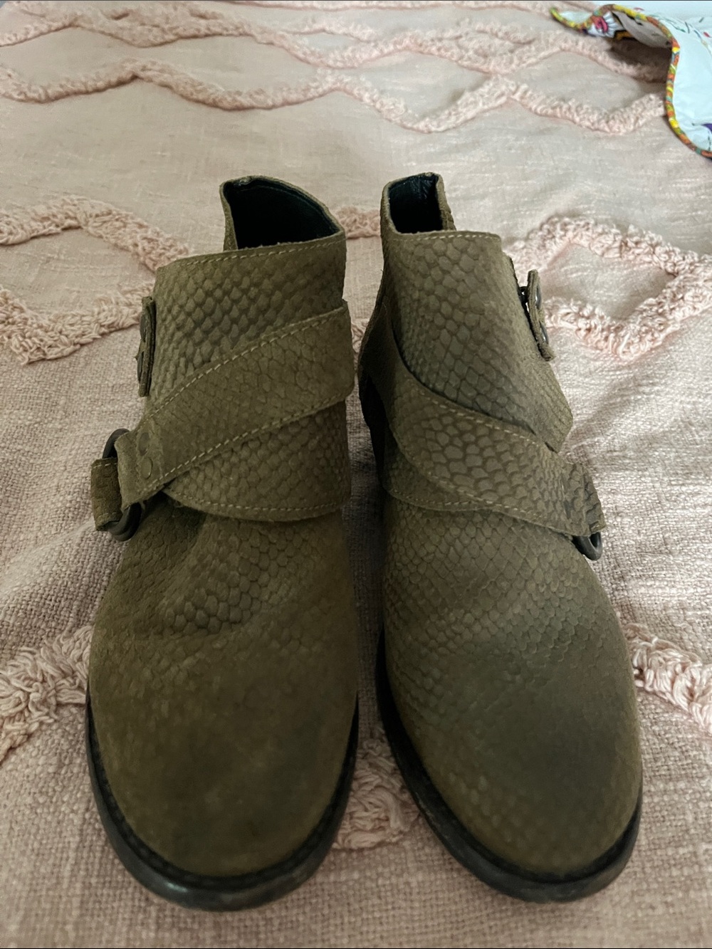 Brown Green Textured  leather Ankle Boots made I. Portugal